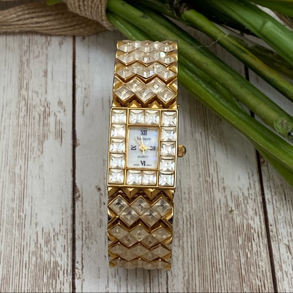 Vintage SOLITAIRE Jeweled Link Square Face Watch - Picture 2 of 11